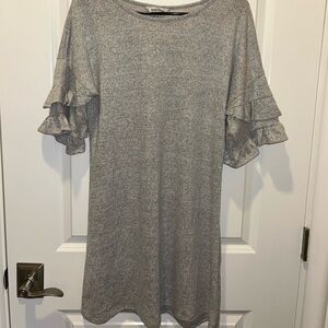 Gray Knit Ruffle Sleeve Dress
